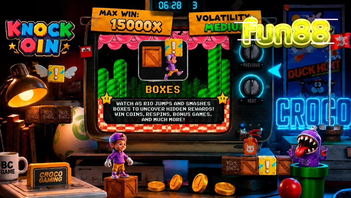 Giao diện trò chơi slot KNOCKOIN với nhân vật Rio và phong cách đồ họa 8-bit